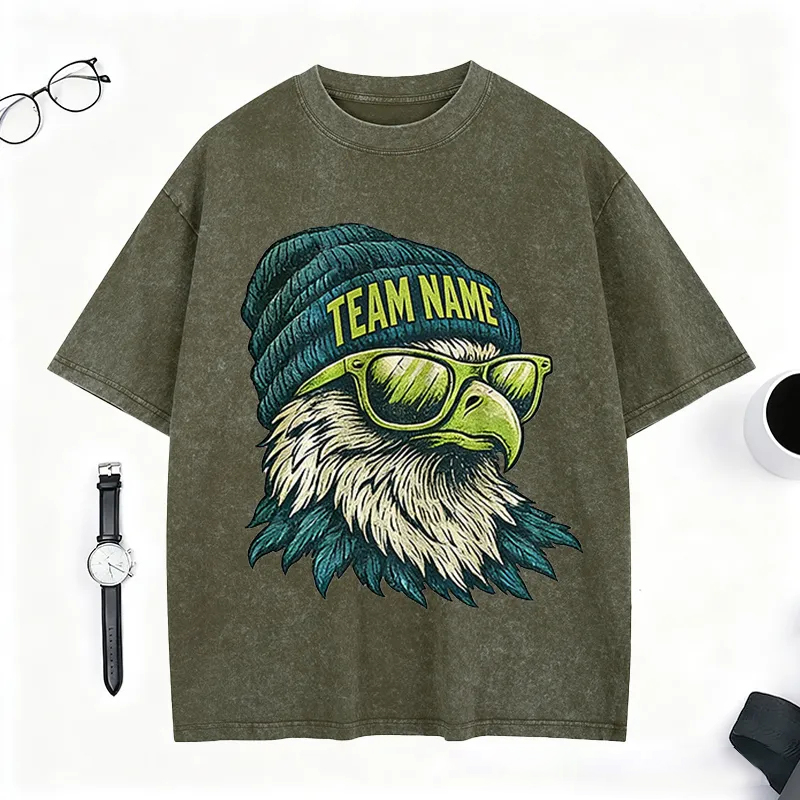 Personalized Football Mascot Washed T-Shirt with Beanie-Wearing Eagle and Custom Team Name for Football Enthusiasts