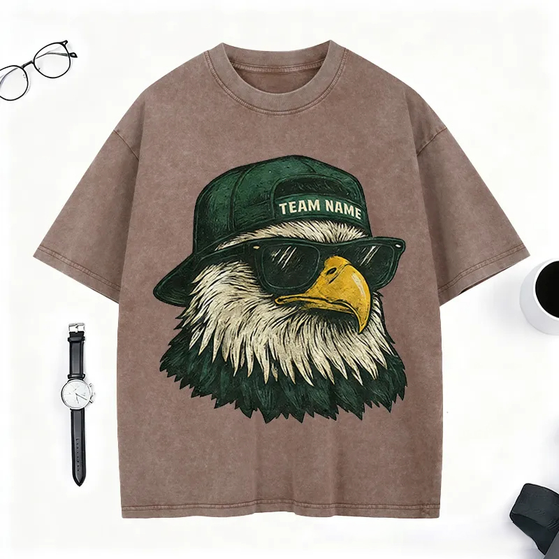 Personalized Football Mascot Washed T-Shirt with Cool Eagle Design and Custom Team Name