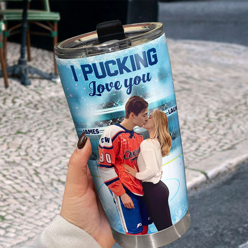 Personalized "I Pucking Love You" Ice Hockey Tumbler with Custom Photo for Couples and Ice Hockey Fans