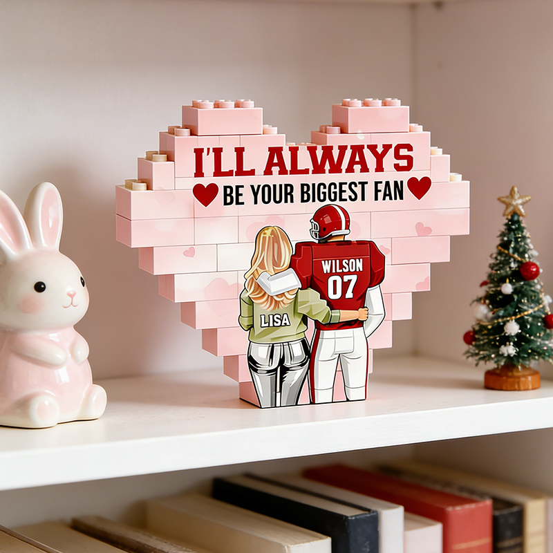 Personalized Football Couples Heart "Biggest Fan" Building Blocks with Custom Names and Number Valentine's Day Gift