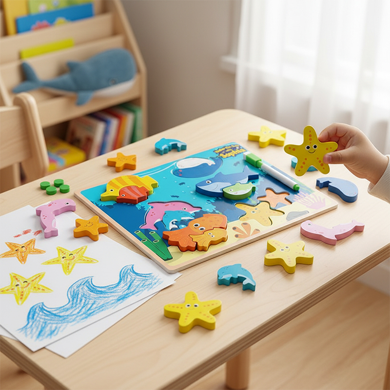 Personalized Ocean Theme Wooden Puzzle and Drawing Board for Kids Custom Name or Message 2-in-1 Educational Toy Perfect Gift for Kids