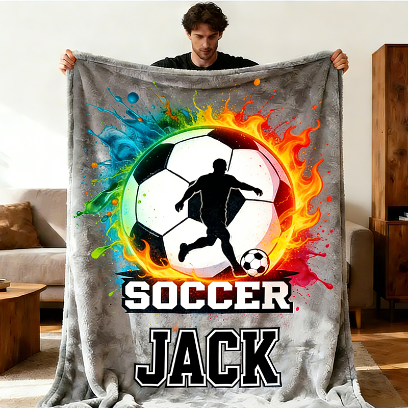 Personalized Soccer Blanket with Custom Name and Fiery Design for Soccer Enthusiasts