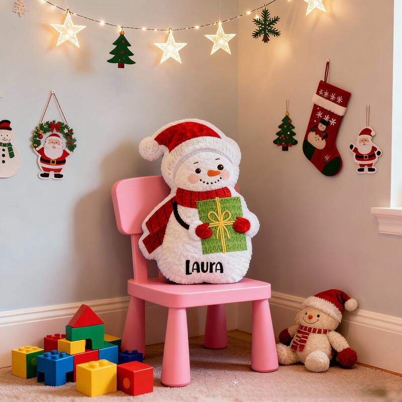 Personalized Cute Christmas Snowman with Name Graphic 3D Print Pillow Christmas Gift for Kids or Baby Birthday Gifts
