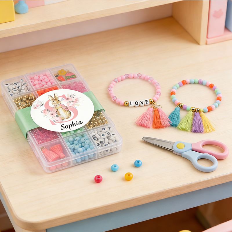Personalized Easter Bracelet DIY Kit for Kids Custom Name Beads and Acrylic Box with Name Sticker Bunny Love Easter DIY Stretchy Bracelet Craft Kit Activity  Perfect Gift for Kids