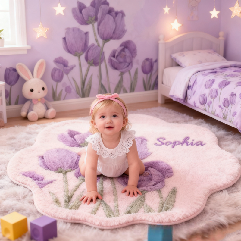 Personalized Purple Tulips with Name Soft Rug Christmas Gift for Kids Rug Birthday Gifts for Kid
