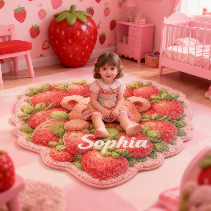 Personalized Strawberry Bear with Name Soft Rug Christmas Gift for Kids Rug Birthday Gifts for Kid