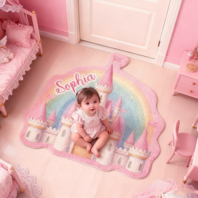Personalized Pink Rainbow Castle with Name Soft Rug Christmas Gift for Kids Rug Birthday Gifts for Kid