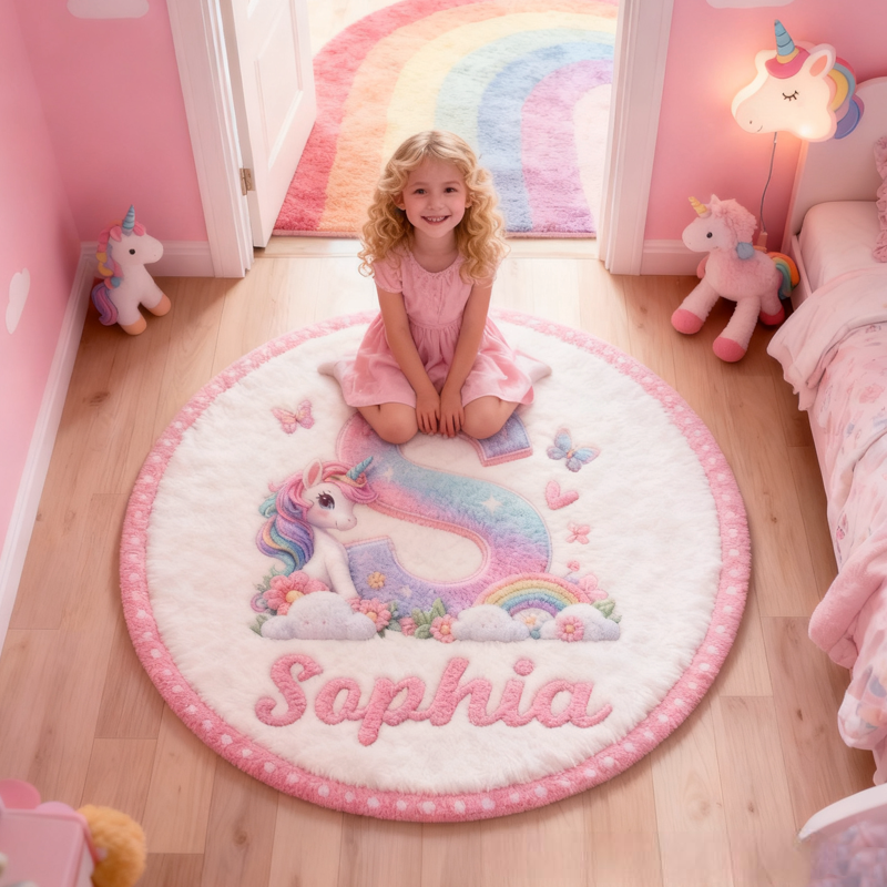 Personalized Pink Dreamy Horse Initials with Name Soft Rug Christmas Gift for Kids Rug Birthday Gifts for Kids