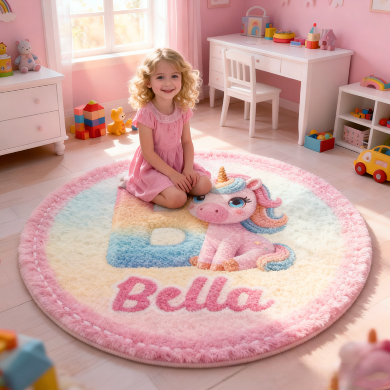 Personalized Cute Pink Dream Horse Initials with Name Soft Rug Carpet Christmas Gift for Kids Rug Birthday Gifts for Kids