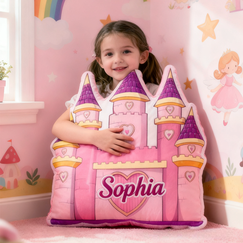 Personalized Cute Pink and Purple Castle with Name Graphic 3D Print Pillow Christmas Gift for Kids 