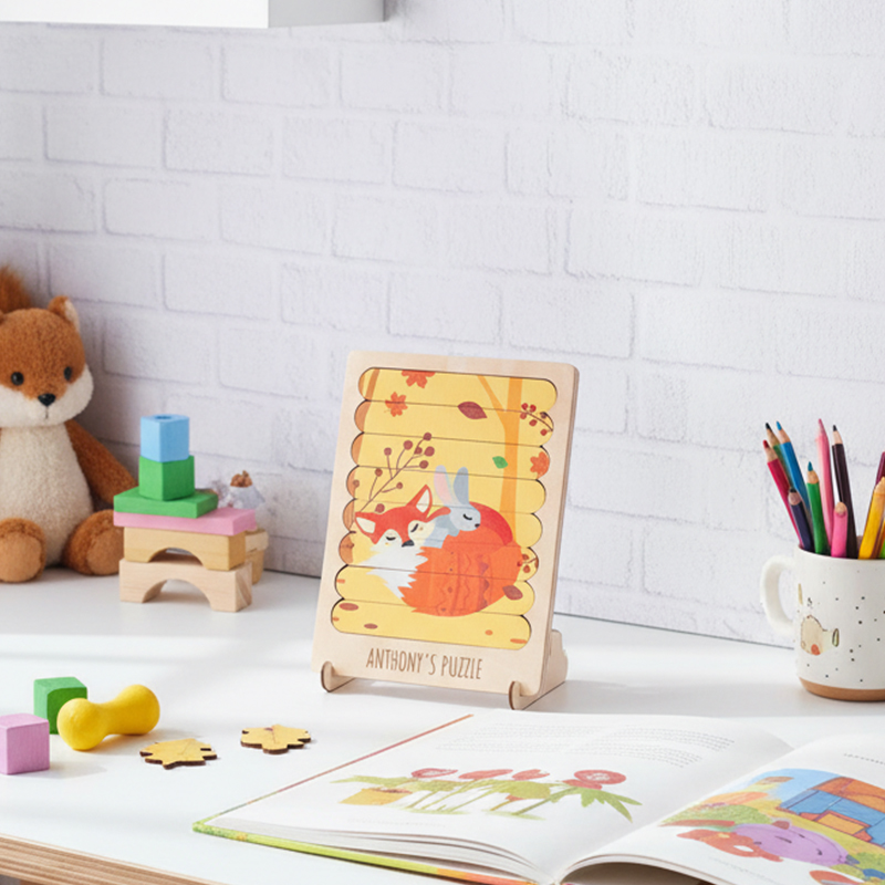 Personalized Wooden Forest Animal Puzzle Set forKids Customizable with Name and Interchangeable Patterns Montessori Toy Multiple Designs Available