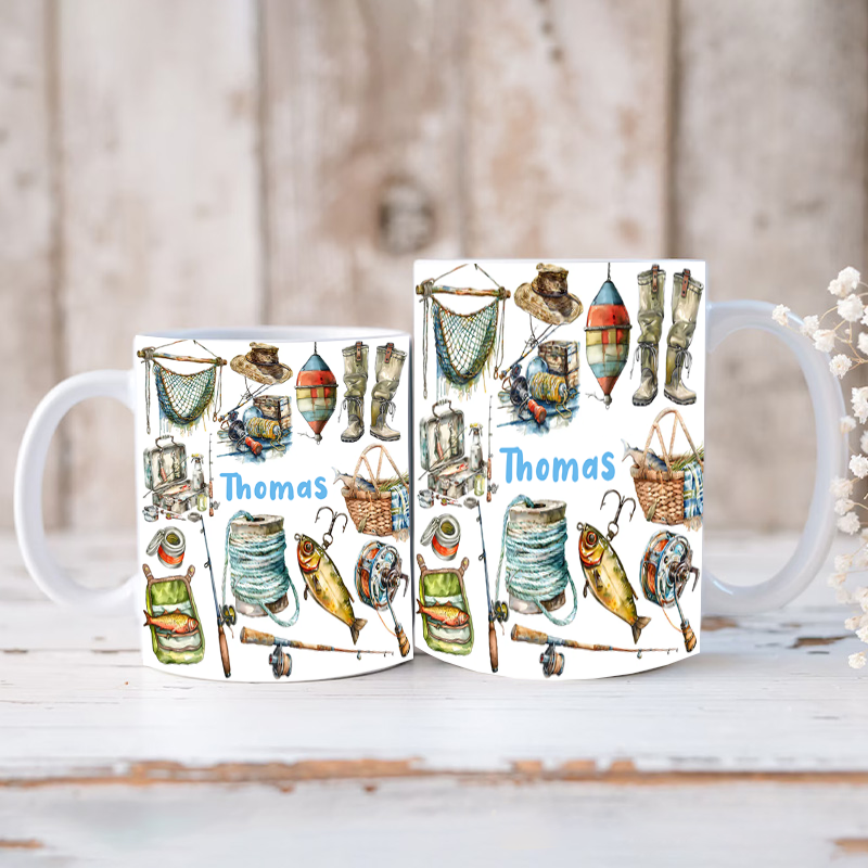 Personalized Fishing Mug Fishing Gear Design Custom Name Perfect Gift for Fishing Lovers Durable Ceramic Coffee Cup for Daily Use