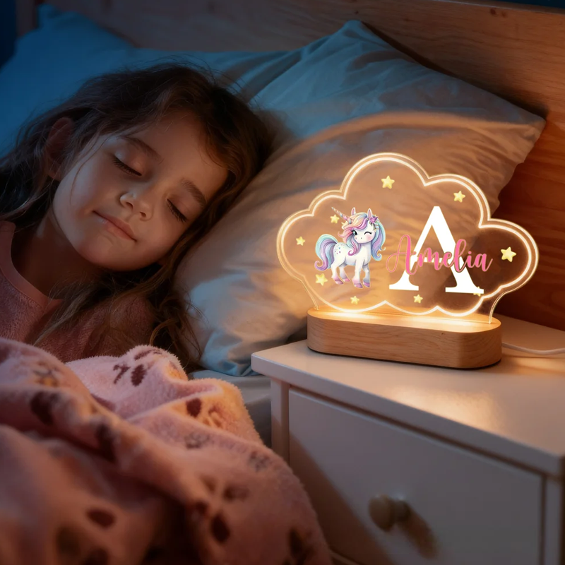 Personalized Cute Animals Star Cloud Style Acrylic LED Night Light with Wooden Base and Name Birthday Anniversary Gift for Kid Newborn