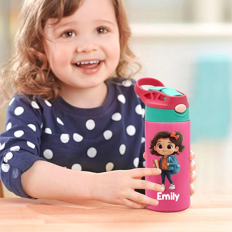 Personalized Cute Cartoon Character Name 12 oz Insulated Water Bottle with Straw and Spill-Proof Lid Back to School Gift for Boys Girls