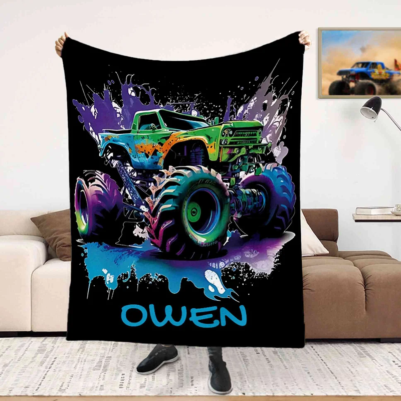 Personalized Big Wheel Off Road Truck Soft Throw Blanket with Name Home Decor Birthday Gift 