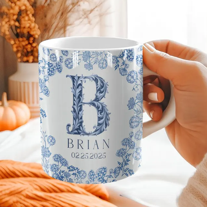 Personalized Monogram Mug Custom Name Mug Initial Letter Coffee Mug Blue Toile Mug 
