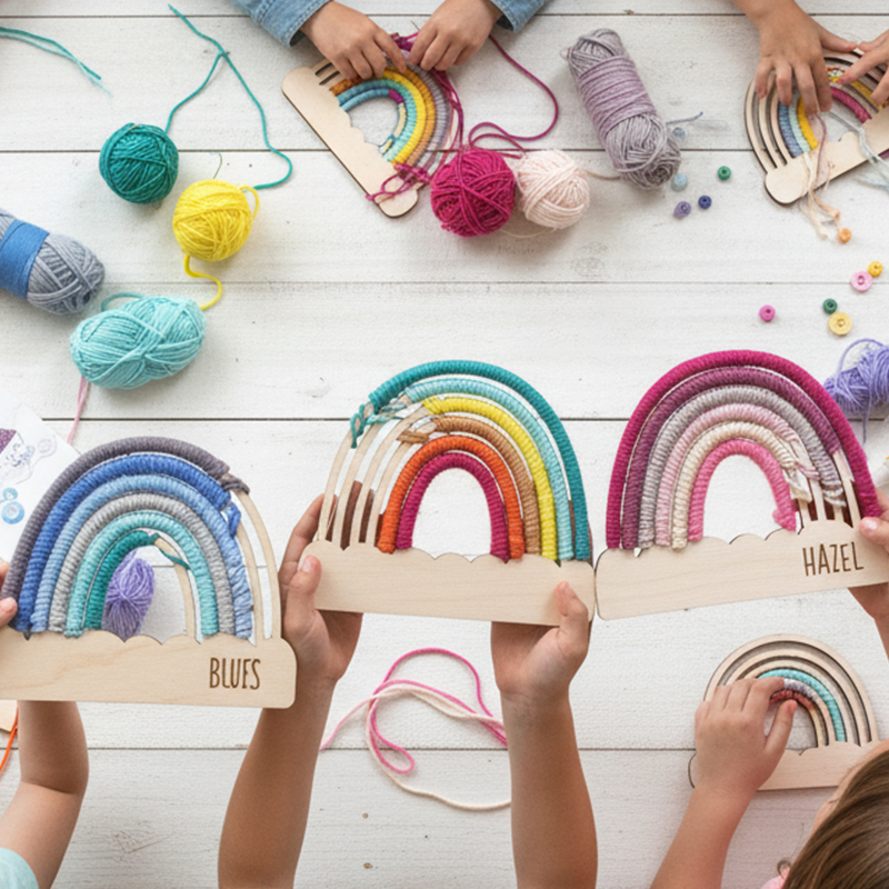 Personalized DIY Yarn Rainbow Kit for Kids Custom Name Craft with Birch Base and 6 Yarn Colors
