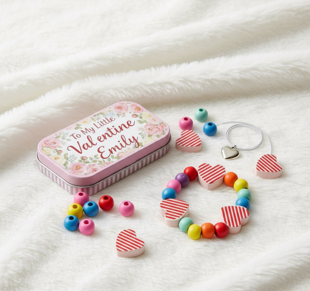 Personalized Valentine's Day Wooden Bead Bracelet Set with Customizable Name Box DIY Handmade Gift For Kids