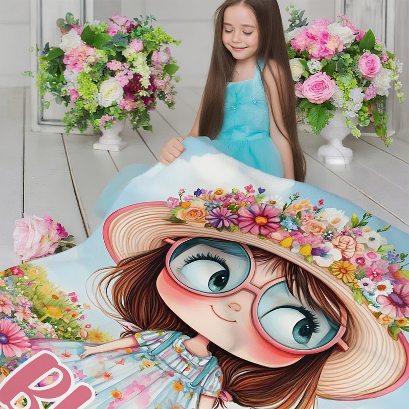 Personalized Cartoon Quirky Flower Girl Soft Throw Blanket with Name Home Decor Daily Use Christmas Gift