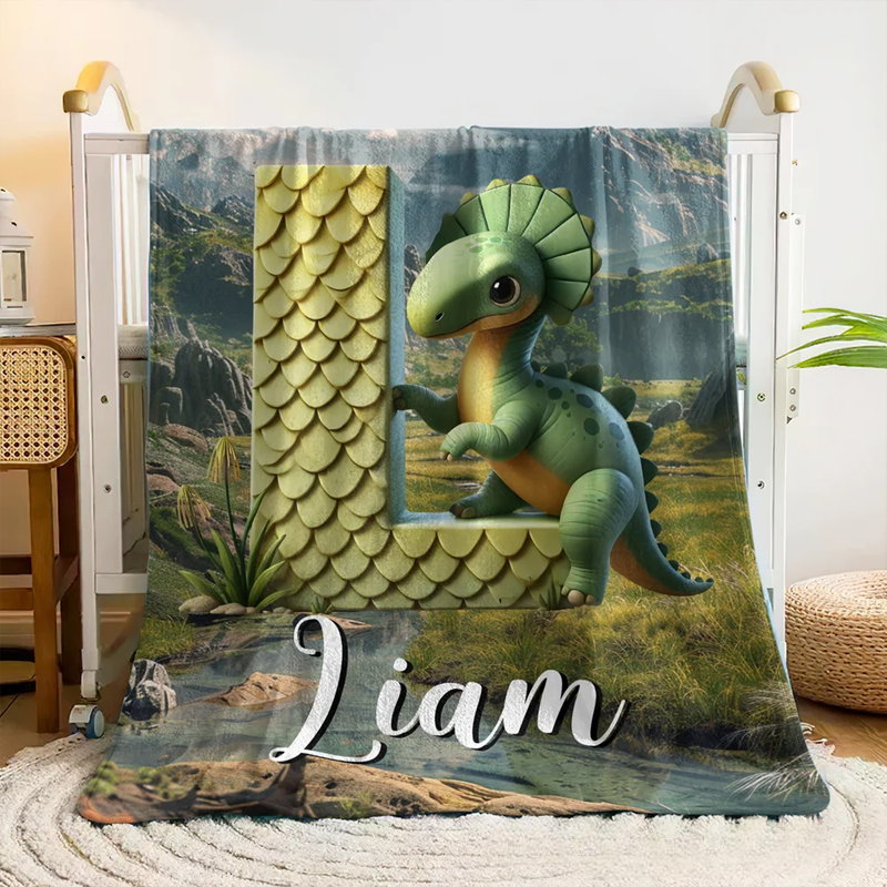 Personalized 3D Dinosaur Multicolor Soft Throw Blanket with Initial and Name Home Decor Christmas Gift