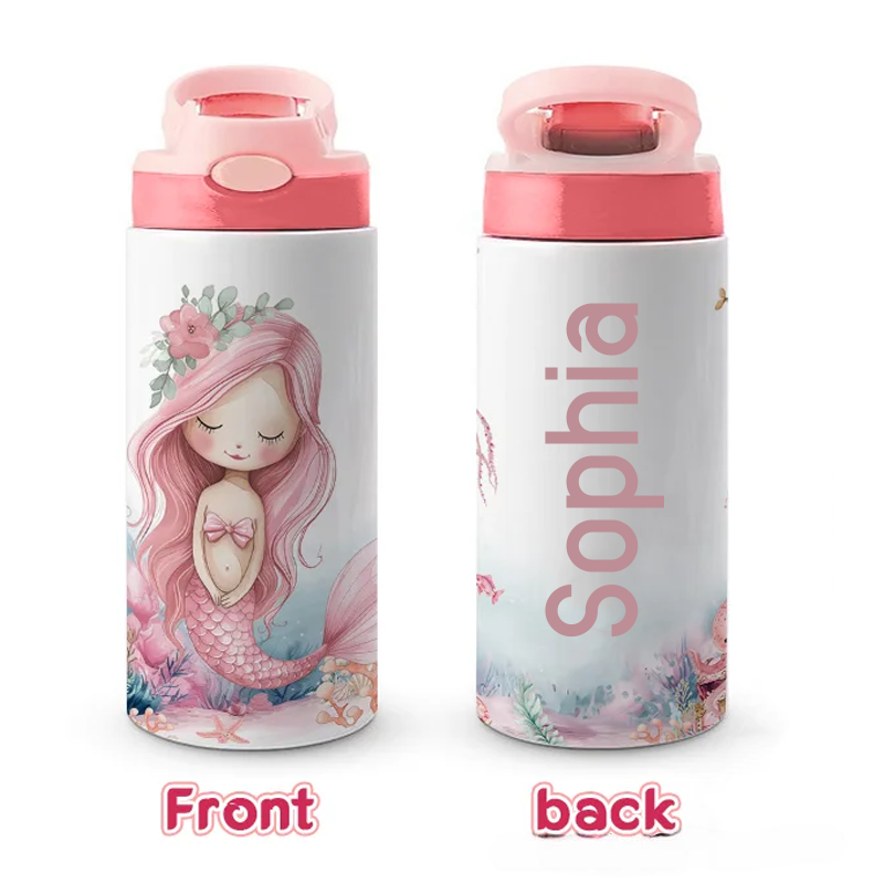 Personalized Pink Mermaid 12oz Insulated Kid Water Bottle with Name and Silicone Straw Back to School Birthday Gift