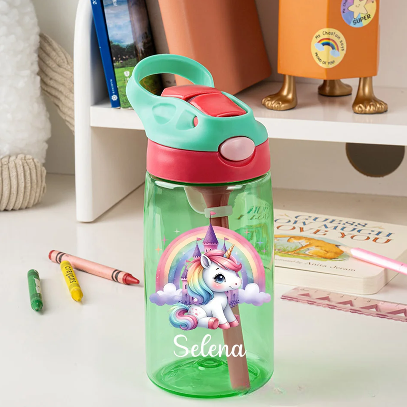 Personalized Rainbow Castle Dream Horse Design 16 oz Kid Water Bottle with Straw and Name Birthday Christmas Back to School Gift