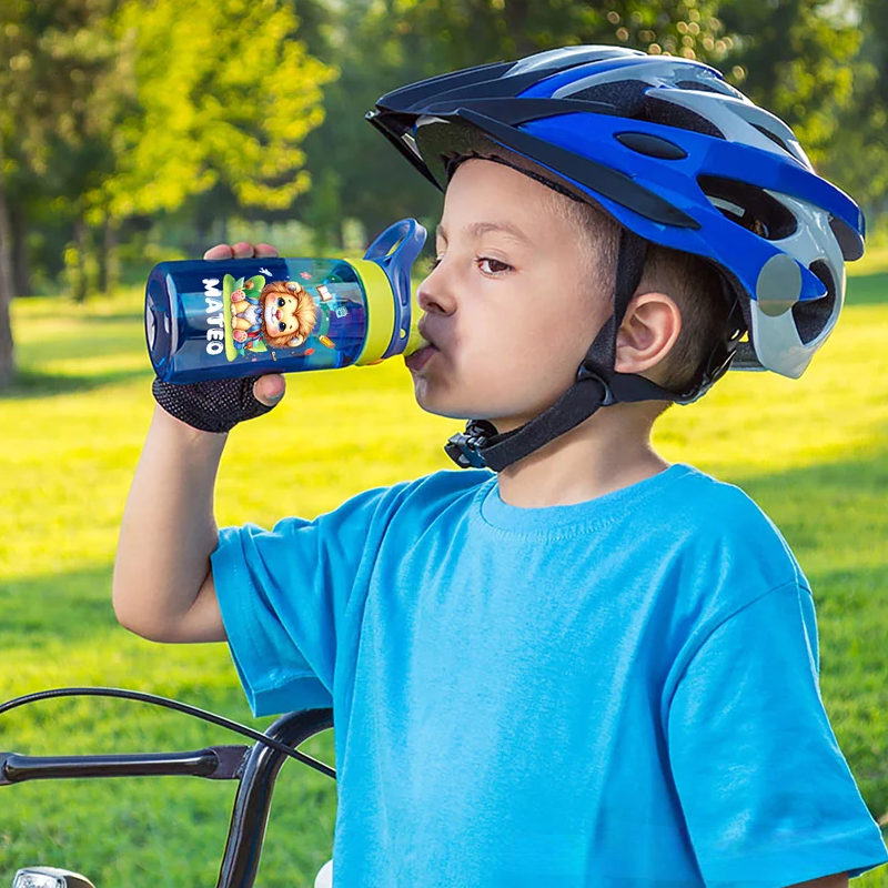 Personalized Cartoon Bear Lion Animals Name 16 oz Water Bottle with Straw and Handle Outdoor Supplies Back to School Birthday Gift for Boys Girls