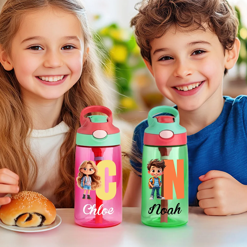 Personalized Cartoon Character 16 oz Kid Water Bottle with Name and Initial Outdoor Activities Birthday Christmas Back to School Gift 