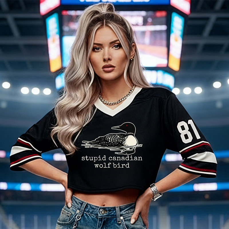 Personalized "Stupid Canadian Wolf Bird" Women's Hockey Crop Jersey with Custom Details for Hockey Fans 