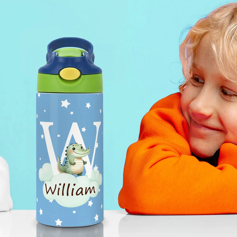 Personalized Initial Cute Forest Animal 12oz Kid Insulated Name Water Bottle with Handle and Silicone Straw Birthday Back To School Gift 