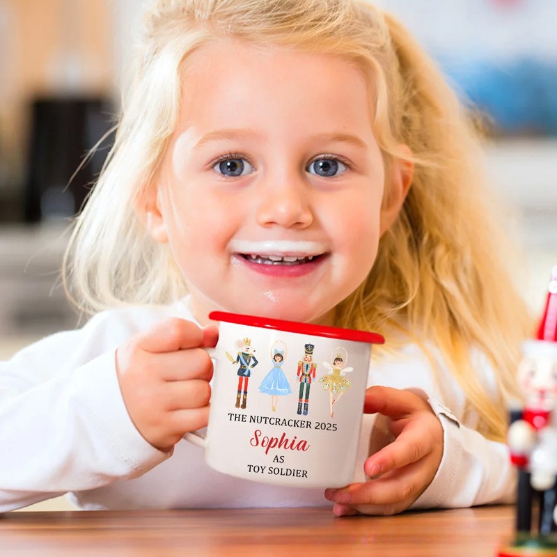Personalized Cute Nutcracker Solider Ballet Girl 12oz Colored Rim Enamel Cup with Name and Year Birthday Christmas Gift