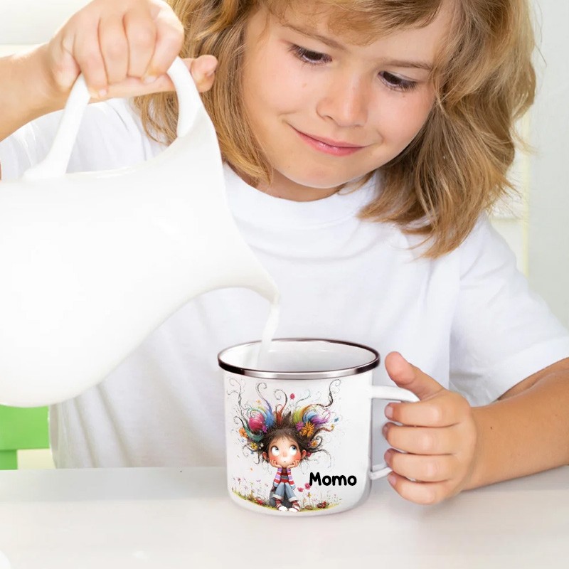Personalized Cute Whimsical Quirky Girl 12oz Colorful Rim Enamel Mug with Name Birthday Back to School Holiday Gift