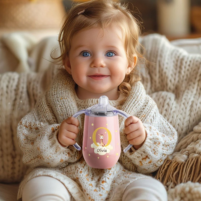 Personalized Initial Forest Animals Insulated Name Sippy Cup with Lid and Handle Birthday Baby Shower Back to School Gift for Toddler Kids