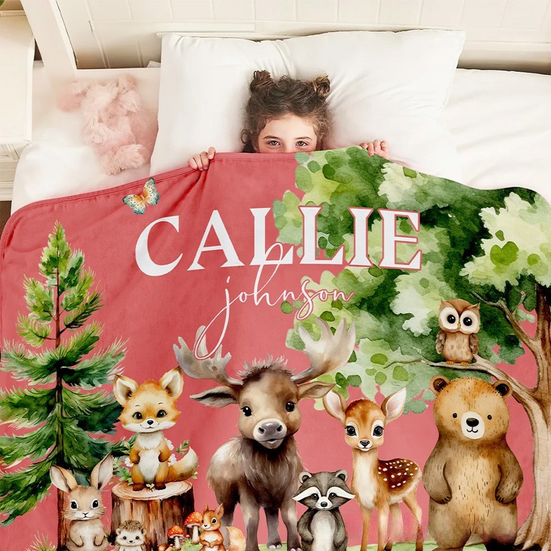 Personalized Cute Forest Animals Fox Rabbit Soft Throw Blanket with Name Nursery Room Decor Birthday Gift for Boys Girls