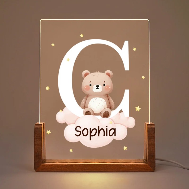 Personalized Cute Forest Animal Acrylic Cloud Star LED Night Light with Wooden Base Name and Initial Birthday Day Gift for Boys Girls