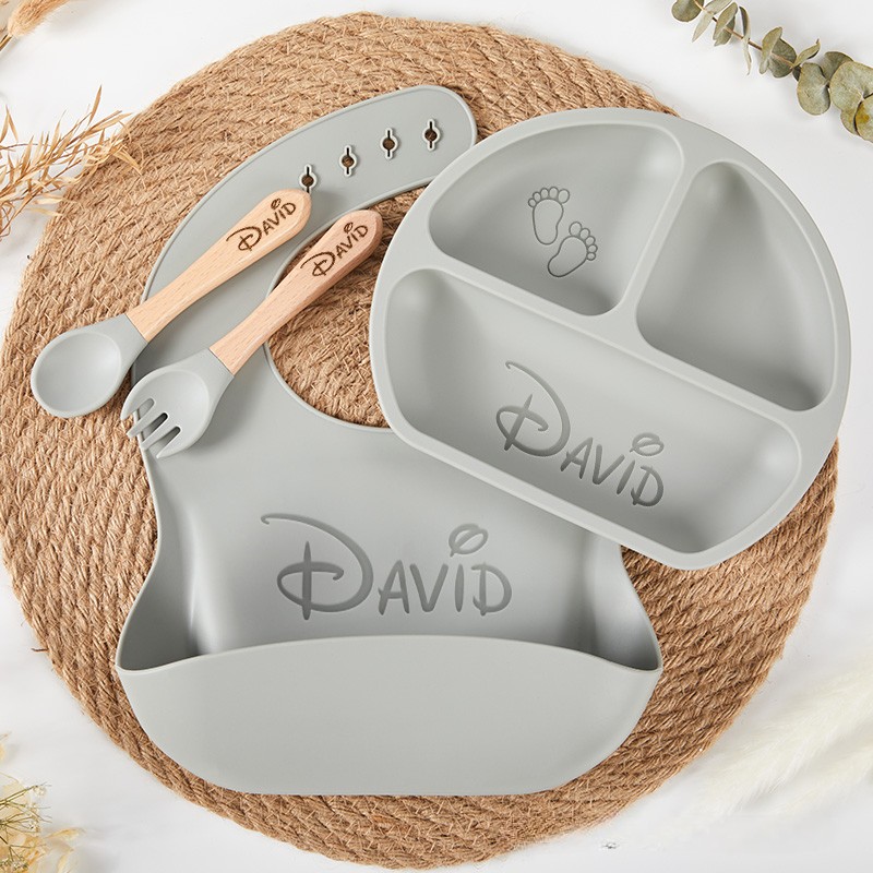 Personalized Engraved Silicone Baby Weaning Set Baby Feeding Plate and Bib Unique Baby Shower Gift  Baby Essentials Baby Shower Gifts