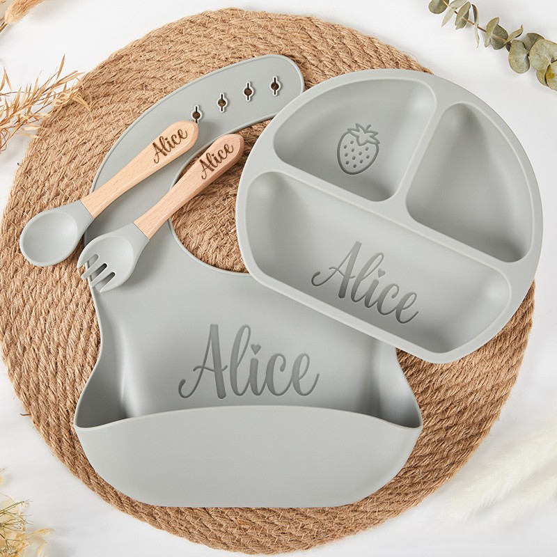 Personalized Eco Friendly Silicone Weaning Set with Engraved Name Unique Bib and Plate for Baby Ideal Baby Shower Gift