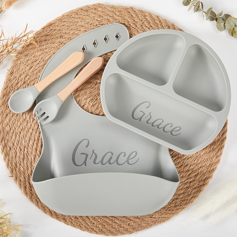 Personalized Silicone Weaning Set Cartoon Weaning Set for Baby Feeding Set with Name Eco Friendly Baby Plate Baby Shower Gift