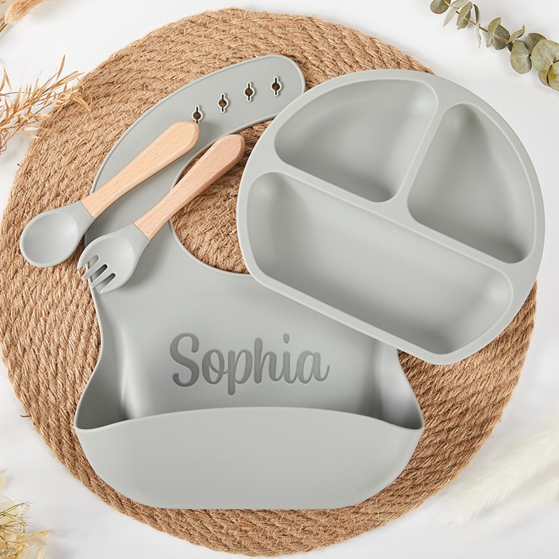 Personalized Feeding Set with Name Cartoon Weaning Set for Baby Eco Friendly Baby Plate Silicone Weaning Set Baby Shower Gift