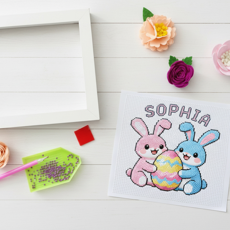 Personalized Name Diamond Painting Kit  Easter Bunny DIY Craft Set with Frame and Gems  Festive Design for Kids