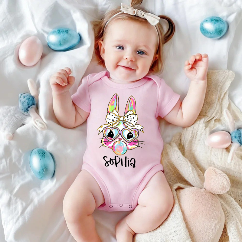 Personalized Coquette Bow Easter Bunny Baby Bodysuit with Name Easter Party Birthday Gift for Kids Boys Girls