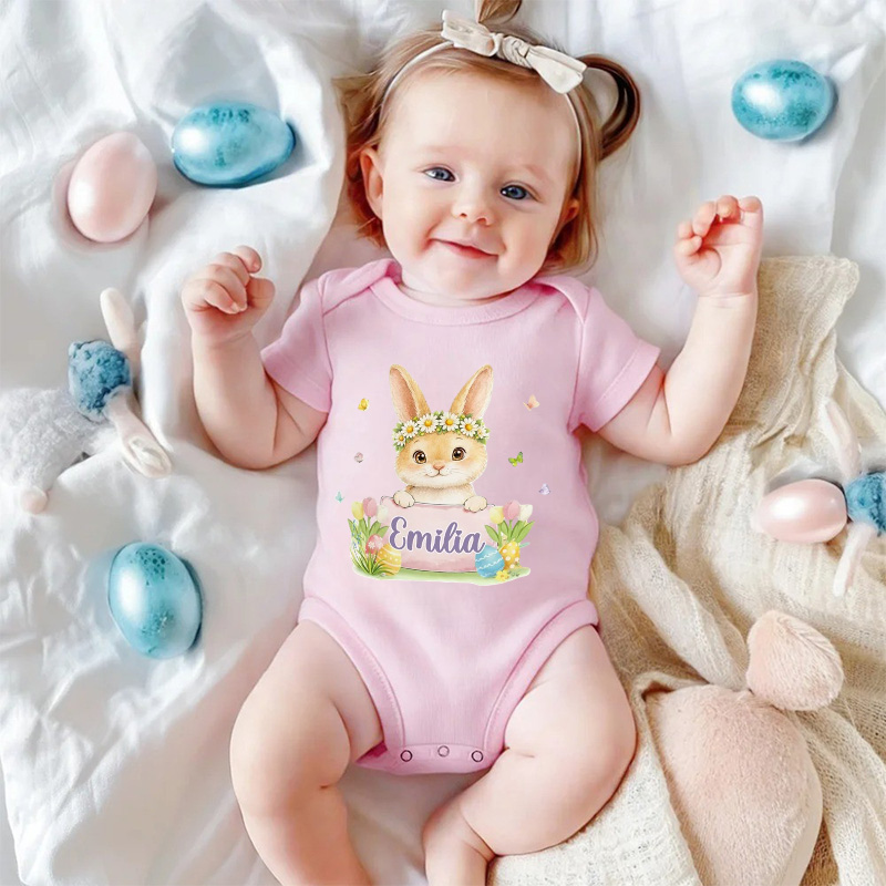 Personalized Easter Bunny Theme Custom Name Floral Wreath Cute Infant Outfit Spring Gift for Newborn Toddler Baby Bodysuit