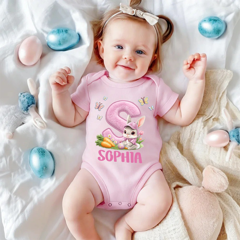 Personalized 3D Printing Easter Bunny Baby Bodysuit with Name Easter Party Birthday Gift for Kids Boys Girls