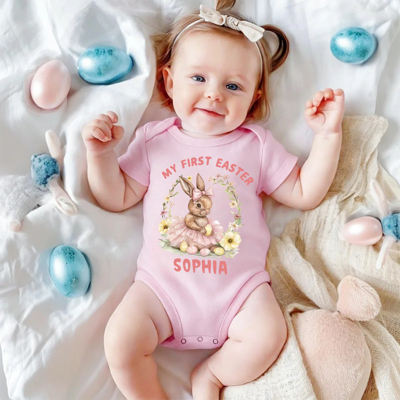 Personalized My First Easter Bunny Baby Bodysuit with Name Easter Party Birthday Gift for Kids Boys Girls