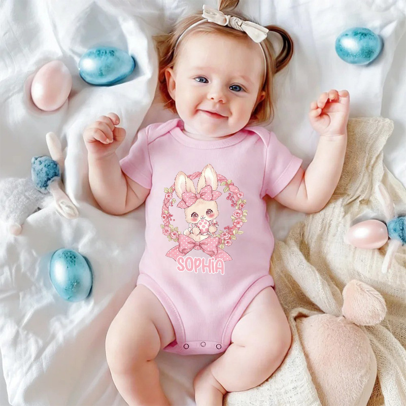 Personalized Easter Bunny Floral Theme Custom Name Cute Infant Outfit Spring Gift for Baby Girl Photography Easter Party Baby Bodysuit