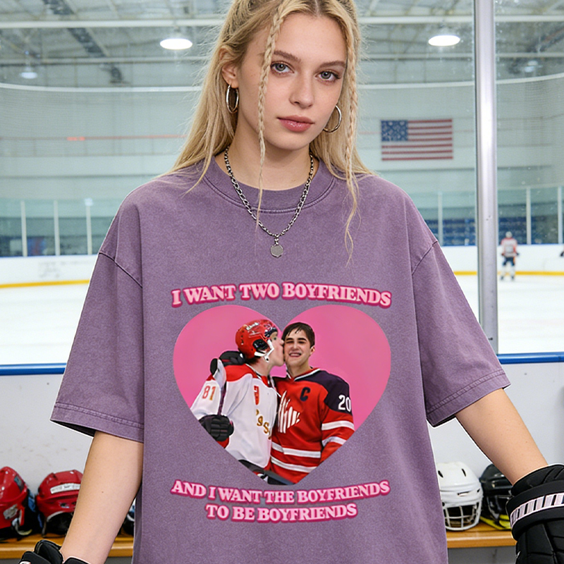 Personalized I Want Two Boyfriends Hockey Meme Washed T-Shirt, Funny Graphic Tee for Ice Hockey Fans 
