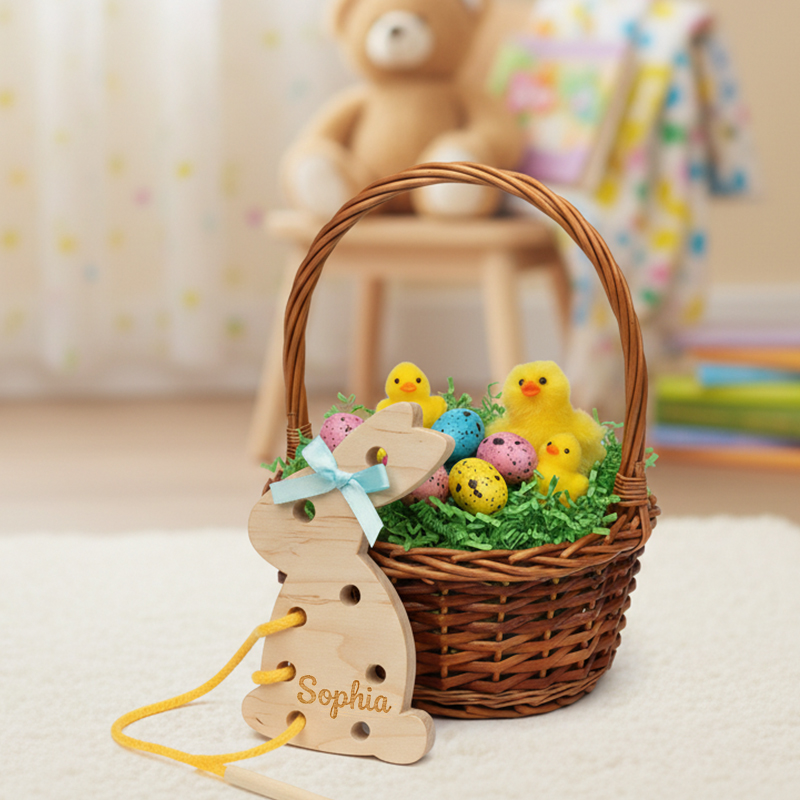 Personalized Easter Lacing Toy for Kids Custom Name Wooden Bunny with Colorful Strings Fun and Educational