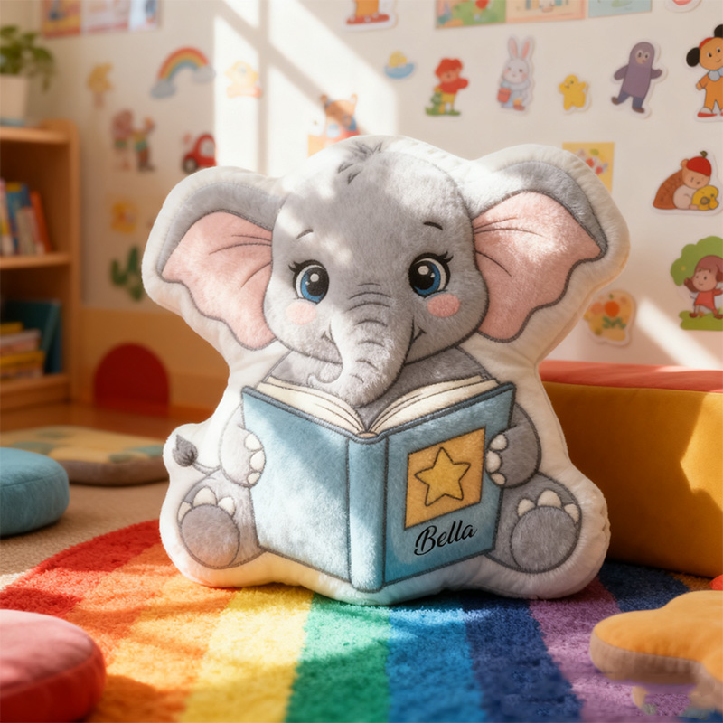 Personalized Reading Elephant Throw Pillow Graphic 3D Print Animal Pillow with Name for Kids Boys Girls Book Lover Gifts Birthday Gift