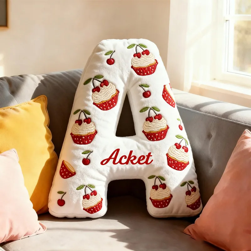 Personalized Cherry Cupcake Alphabet Throw Pillow Graphic 3D Print Christmas Dessert Letter with Name for Baker Gift for Kids Boys Girls