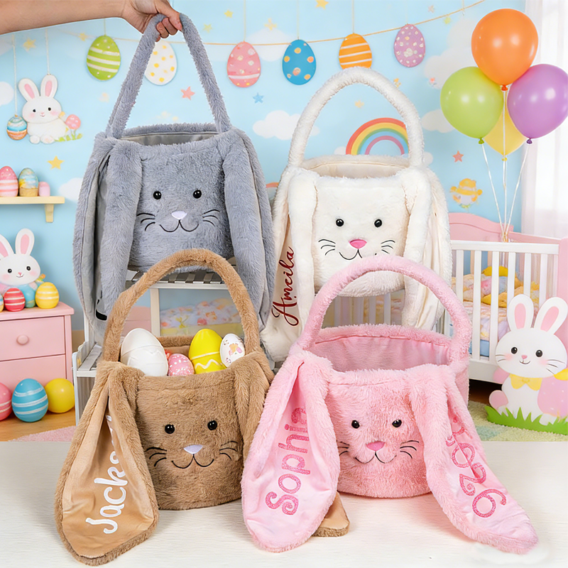 Personalized Cute Long Ears Furry Bunny Easter Basket with Glitter Name Easter Egg Hunting Gift for Kids